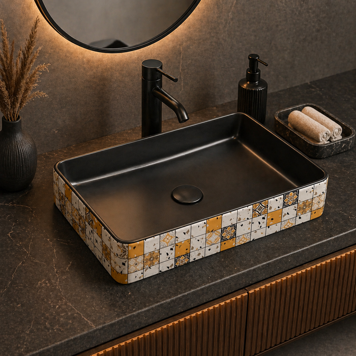 Bassino 24" Rectangular Countertop Wash Basin – Designer Mosaic Ceramic Vessel Sink (23.6" x 13.8" x 4.3")