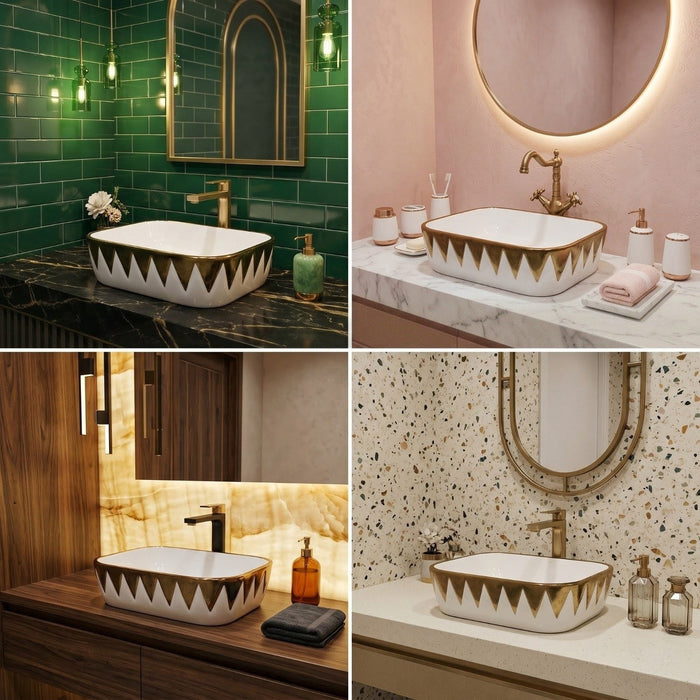 Bassino White & Gold Geometric Countertop Wash Basin – Designer Rectangular Vessel Sink (18" x 13" x 6")