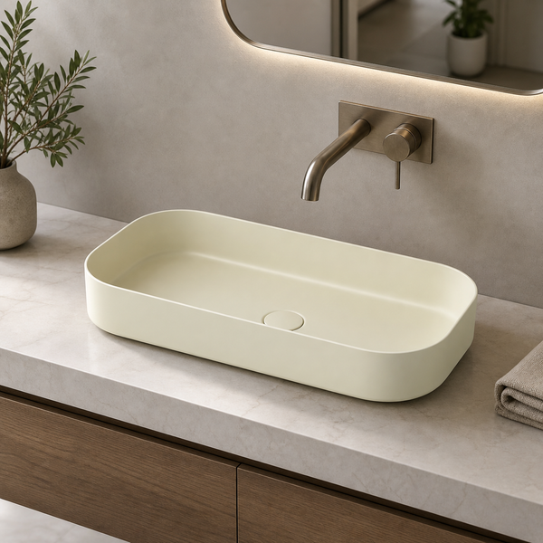 Bassino Modern Melamine Wash Basin | Stylish Countertop Wash Basin for Bathroom–800x350x125 mm Beige
