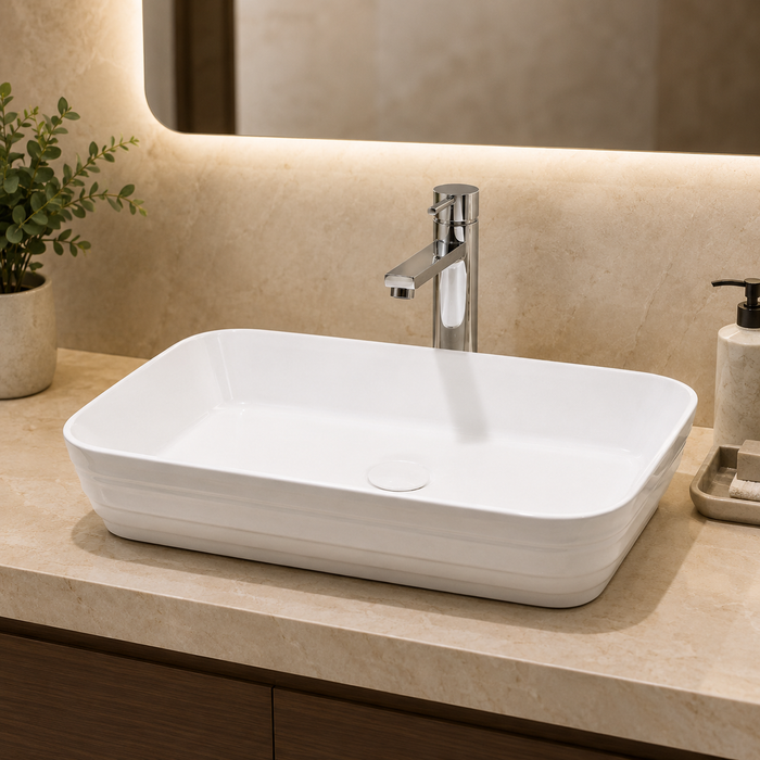 Rectangular Countertop Wash Basin | 20 × 14 × 5 Inches Designer Bathroom Sink – Glossy & Matte Finish White