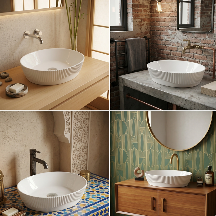 Bassino Textured Oval Countertop Wash Basin (19" x 13" x 6") – Premium Ceramic Sink with Ribbed Exterior Design