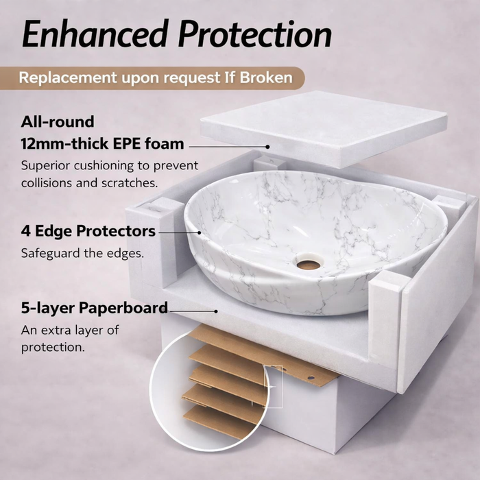 Bassino Luxury Designer Counter Top Wash Basin | 20x13x7Inch | White Marble | Glossy