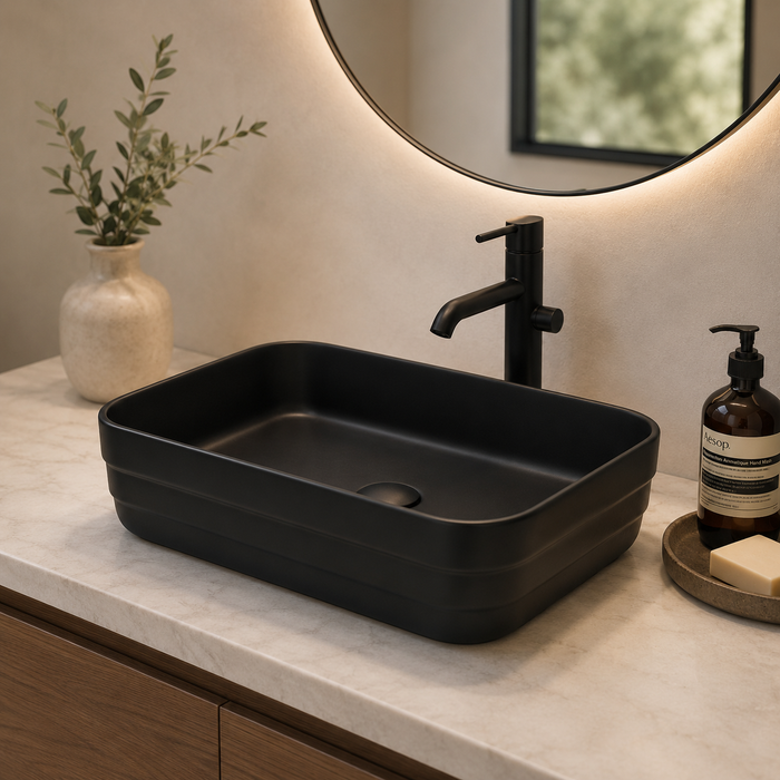 Rectangular Countertop Wash Basin | 20 × 14 × 5 Inches Designer Bathroom Sink – Matte Finish Black