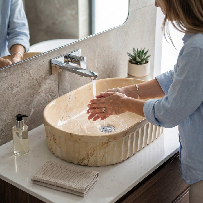 Designer Table-Top Basin | Gloss Marble Ceramic Basin | 22x14.2x6 inch | Beige Marble