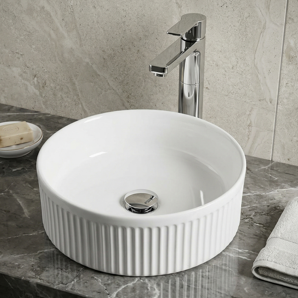 Bassino Round Textured Countertop Wash Basin (14" x 14" x 5") – Modern Ceramic Vanity Sink with Ribbed Exterior