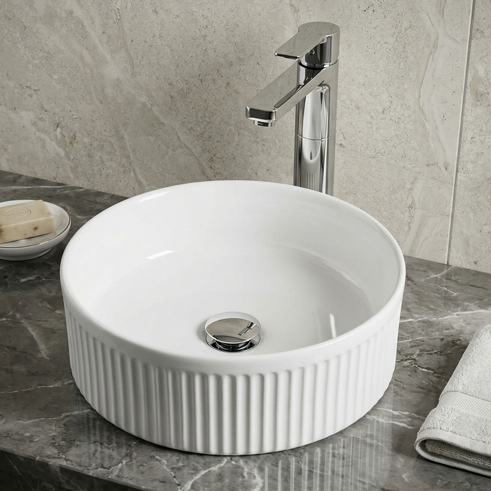 Bassino Round Textured Countertop Wash Basin (14" x 14" x 5") – Modern Ceramic Vanity Sink with Ribbed Exterior