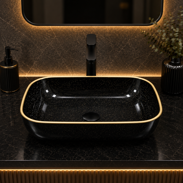 Bassino Black & Gold Rectangular Countertop Wash Basin – Premium Ceramic Vessel Sink (17.9" x 12.6" x 5.3")