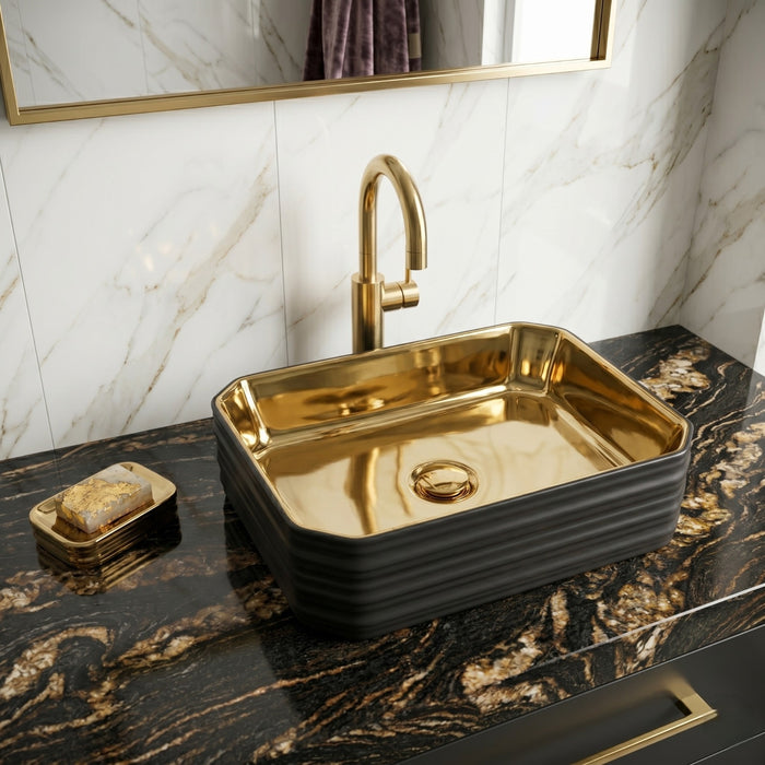 Bassino Luxury Gold Finish Countertop Wash Basin – Premium Black & Gold Ceramic Vessel Sink (18.1" x 13.4" x 4.7")