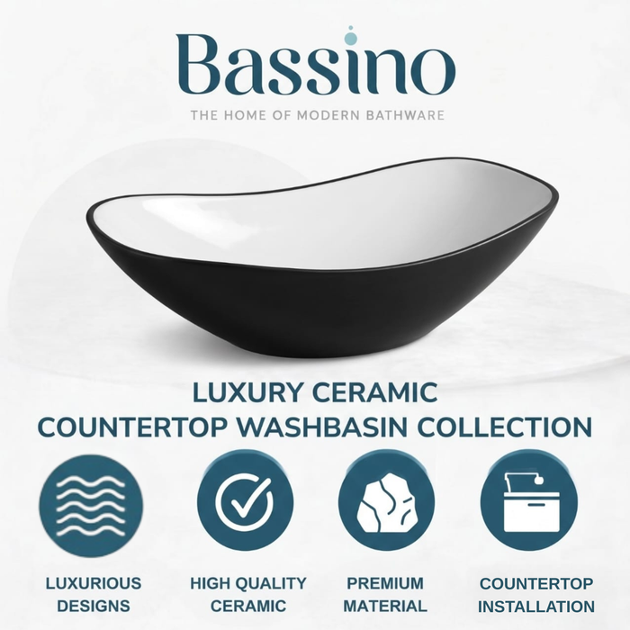 Bassino 25" Dual-Tone Oval Ceramic Countertop Wash Basin – Black Exterior & White Interior Vessel Sink (625 x 370 x 140 mm)