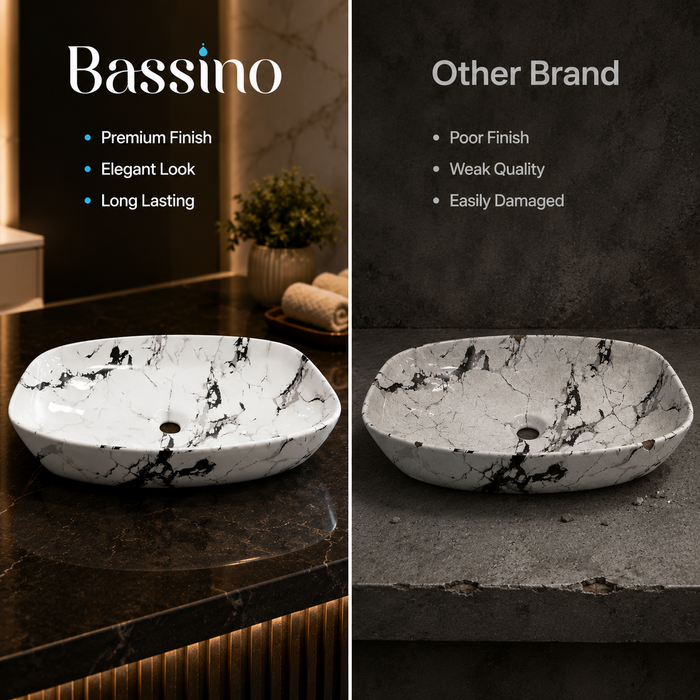 Bassino 24" Marble Pattern Oval Countertop Wash Basin – Premium Ceramic Vessel Sink, White & Black Marble Finish (23.6" x 15" x 5.5")
