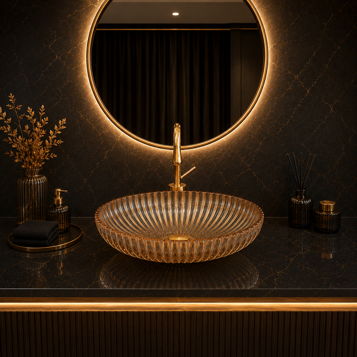 Bassino 20" Luxury Crystal Fluted Glass Countertop Wash Basin – Premium Amber Gold Oval Designer Vessel Sink (20.1" x 13.8" x 5.9")