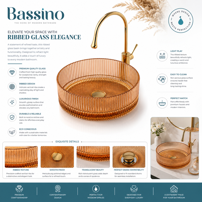 Bassino 16" Luxury Ribbed Glass Countertop Wash Basin – Premium Amber Gold Round Designer Vessel Sink (15.7" x 15.7" x 4.7")