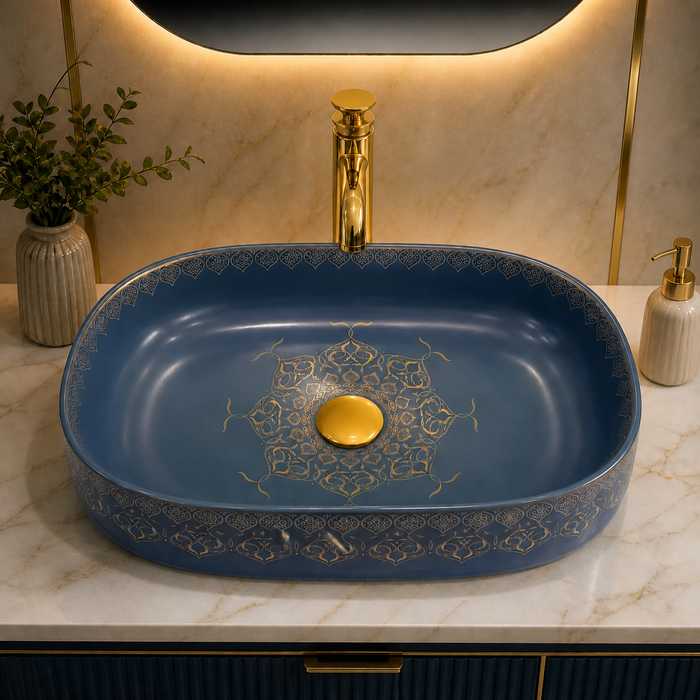 Designer Ceramic Wash Basin Gold Moroccan design | 21 x 14 x 6 In | Blue