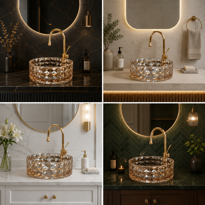 Bassino 12" Amber Faceted Glass Countertop Wash Basin – Luxury Round Vessel Sink (12" x 12" x 5")