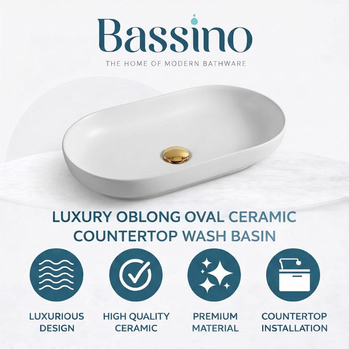 Bassino Matte White Oval Countertop Wash Basin – Modern Ceramic Vessel Sink (28" x 14" x 5")