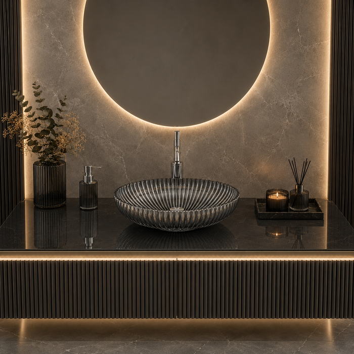 Bassino 20" Luxury Crystal Fluted Glass Countertop Wash Basin – Premium Smoky Black Oval Designer Vessel Sink (20.1" x 13.8" x 5.9")