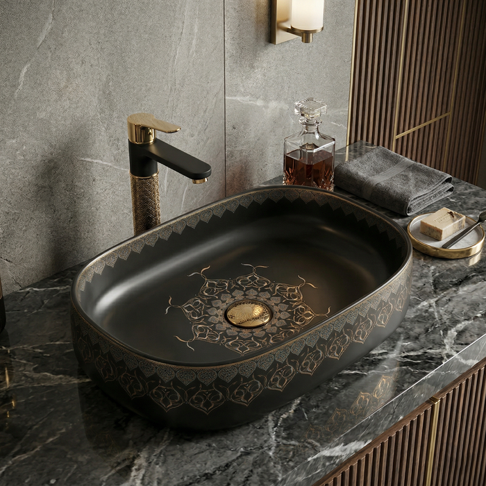 Designer Ceramic Wash Basin Moroccan design | 21 x 14 x 6 In | Black