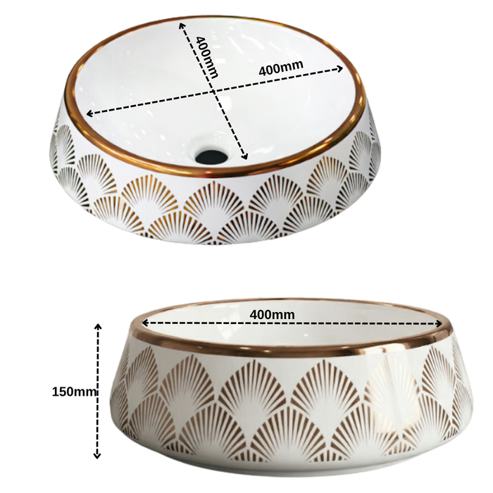 Luxury Round Ceramic Basin | Gloss Counter Top Wash Basin | 16x16x6 inch | White With Accents