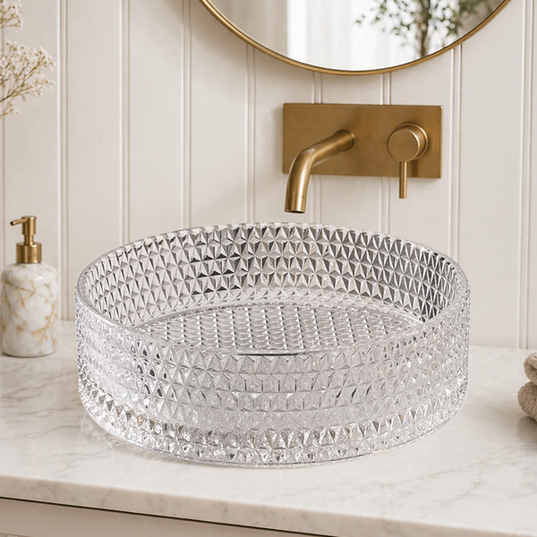 Bassino Modern Transparent Glass Wash Basin | Stylish Countertop Wash Basin for Bathroom–360x360x120 mm Clear