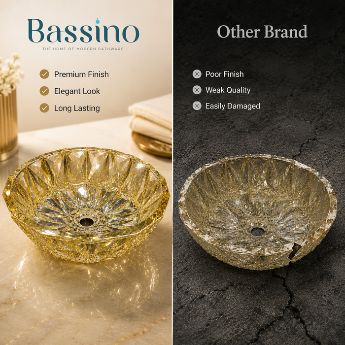 Bassino 16" Luxury Crystal Cut Countertop Wash Basin – Premium Golden Glass Designer Vessel Sink (15.9" x 15.9" x 5.1")