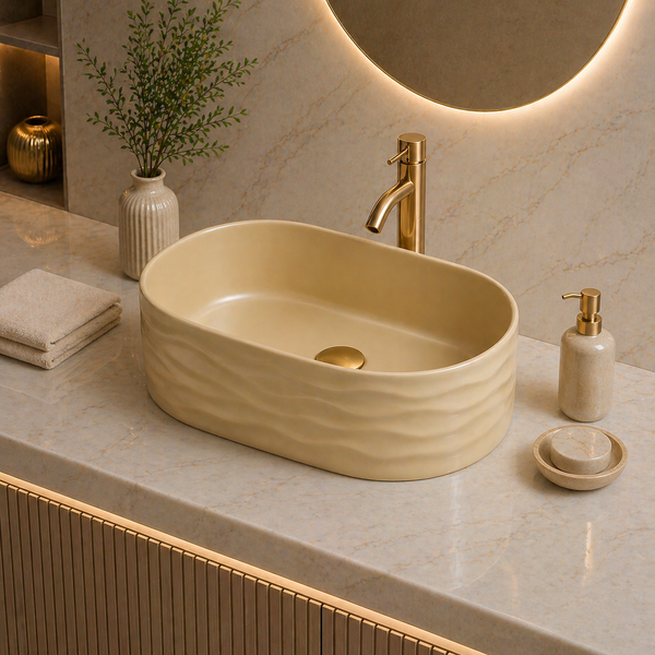 Bassino 20" Beige Wave-Textured Oval Ceramic Countertop Wash Basin – Designer Vessel Sink (20" x 12" x 6")