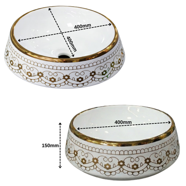 Luxury Round Ceramic Basin | Gloss Counter Top Wash Basin | 16x16x6 inch | White With Gold Detailing