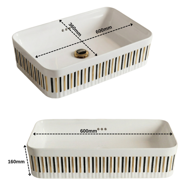 Luxury Rectangular Ceramic Counter Top Wash Basin | Gloss Ceramic Basin | 24x14x6 inch | White With Vertical Striped