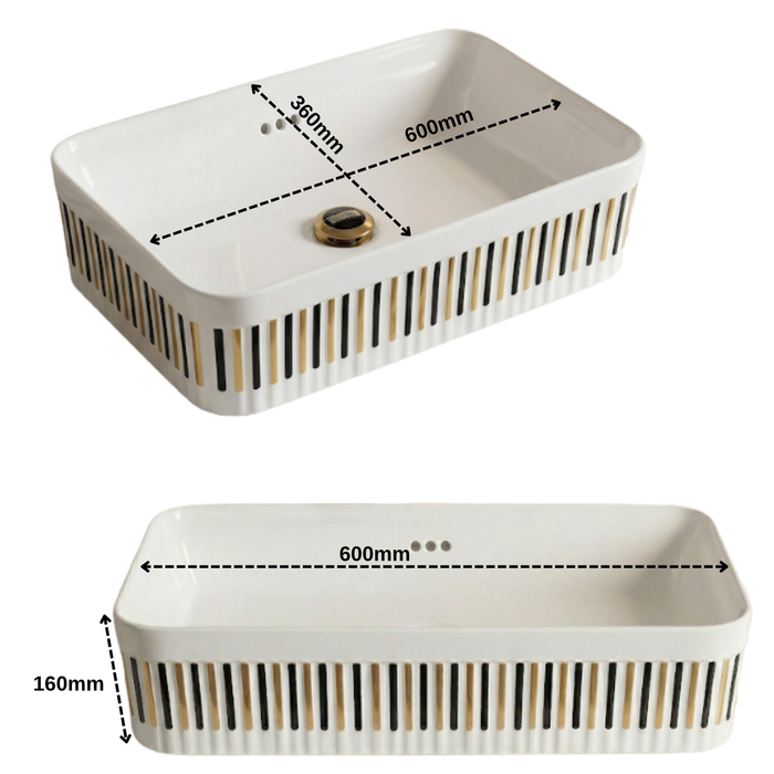 Luxury Rectangular Ceramic Counter Top Wash Basin | Gloss Ceramic Basin | 24x14x6 inch | White With Vertical Striped