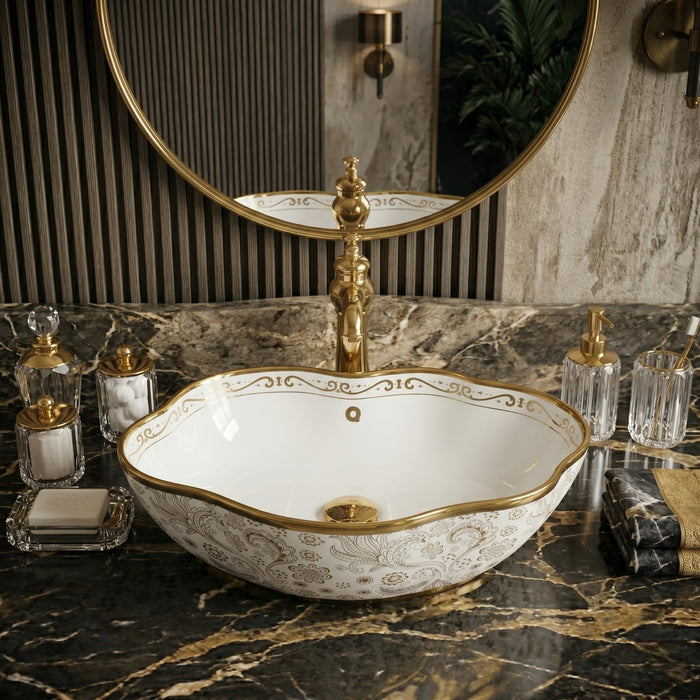 Bassino Luxury Floral Designer Countertop Wash Basin – Premium White & Gold Ceramic Vessel Sink (19.7" x 15" x 5.1")