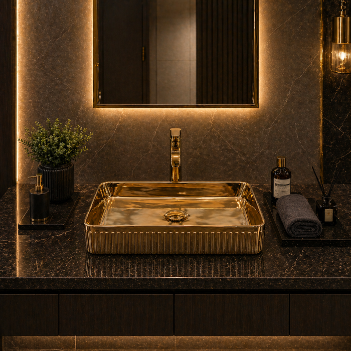 Luxury Rose Gold Countertop Wash Basin | Designer Rectangular Table Top Basin | (19" × 13" × 4" In)