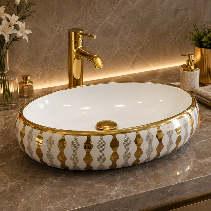 Bassino Oval Designer Countertop Wash Basin – Luxury White & Gold Ceramic Vessel Sink (23.6" x 15.7" x 5.9")
