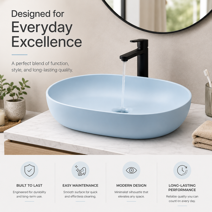 Designer Oval Countertop Wash Basin | (24" × 17" × 6" IN) Matte Finish Bathroom Sink Aqua Blue
