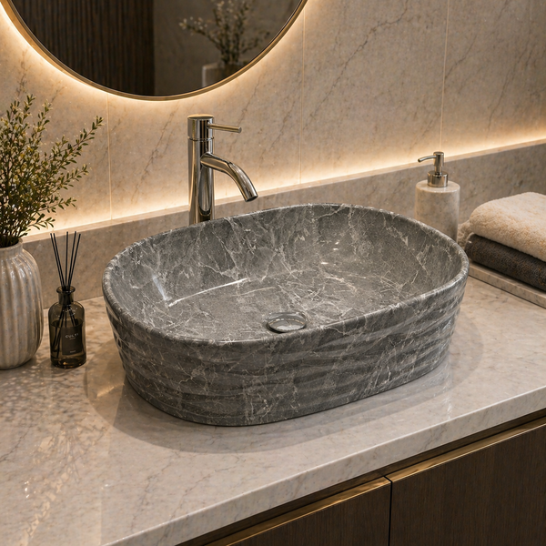 Bassino Grey Marble Textured Countertop Wash Basin – Luxury Oval Vessel Sink (500 x 300 x 150 mm)