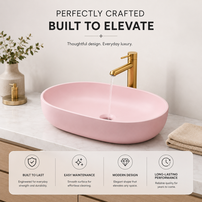 Designer Oval Countertop Wash Basin | (24" × 17" × 6" IN) Matte Finish Bathroom Sink Pink