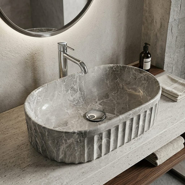 Bassino Grey Marble Textured Countertop Wash Basin – Luxury Oval Vessel Sink (22" x 14" x 6")