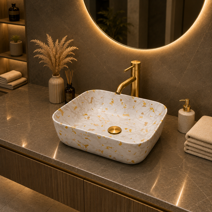 Bassino White & Gold Marble Countertop Wash Basin – Premium Ceramic Vessel Sink (15.7" x 11.8" x 5.5")