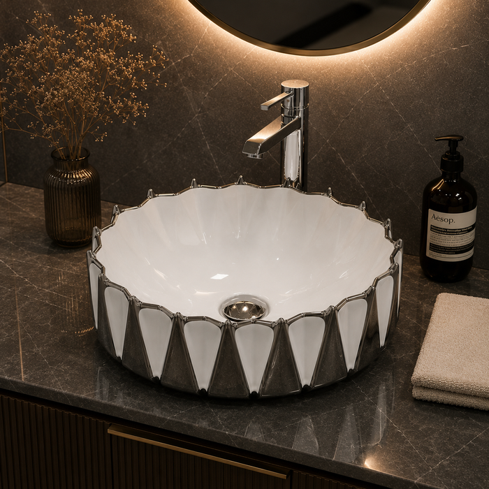 Bassino 17" Luxury White & Chrome Faceted Ceramic Countertop Wash Basin – Designer Round Vessel Sink (16.5" x 15" x 7")