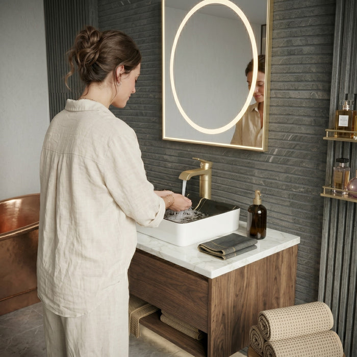 Bassino Luxury Rectangular Countertop Wash Basin – Black Marble Finish Ceramic Vessel Sink (23.6" x 13.8" x 4.3")