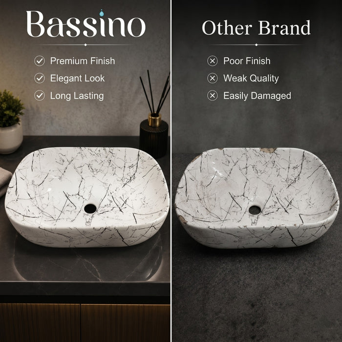 Bassino Marble Vein Ceramic Countertop Wash Basin – Designer Rectangular Vessel Sink (455 x 325 x 145 mm)