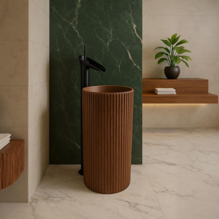 Bassino Wooden Texture Pedestal Basin – Artificial Stone /460×460×920 mm (18×18×36 inch / 46×46×92 cm)