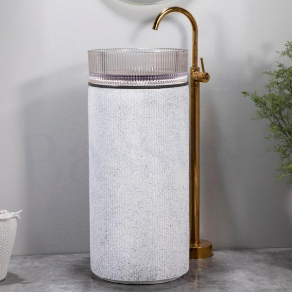 Glass Pedestal Wash Basin,size-16x16x34 Inch, SULIT51/52/53 White Sand Stone