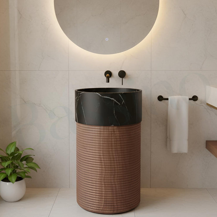 Bassino Artificial Stone Pedestal Basin – Black Marble & Wooden Texture | 46×46×86 cm (18×18×33 Inch)