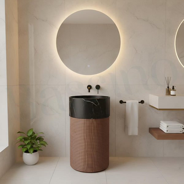 Bassino Artificial Stone Pedestal Basin – Black Marble & Wooden Texture | 46×46×86 cm (18×18×33 Inch)
