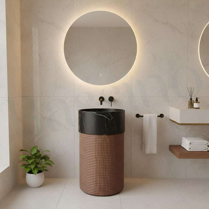 Bassino Artificial Stone Pedestal Basin – Black Marble & Wooden Texture | 46×46×86 cm (18×18×33 Inch)