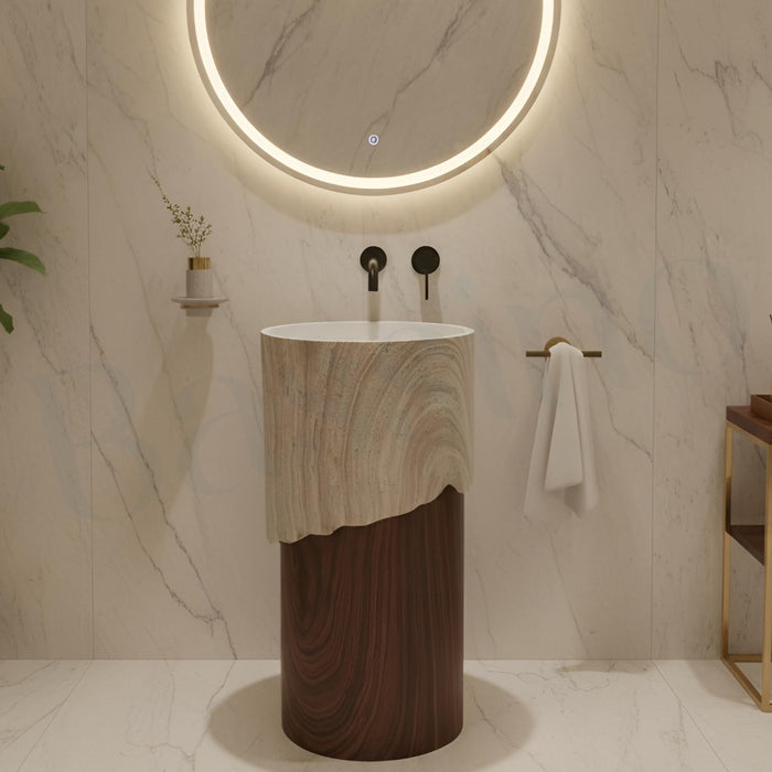 Bassino Artificial Stone Pedestal Basin(Size- 18×18×36 Inch/Brown&White)