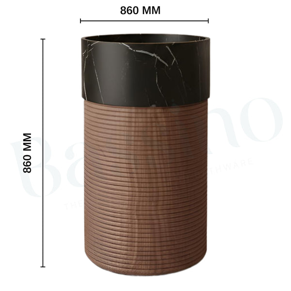 Bassino Artificial Stone Pedestal Basin – Black Marble & Wooden Texture | 46×46×86 cm (18×18×33 Inch)