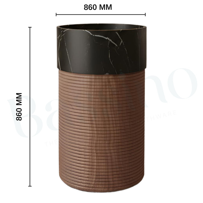 Bassino Artificial Stone Pedestal Basin – Black Marble & Wooden Texture | 46×46×86 cm (18×18×33 Inch)