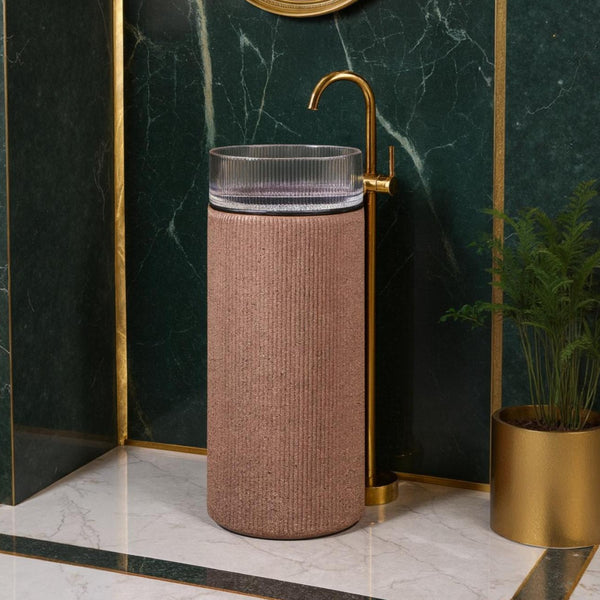 Glass Pedestal Wash Basin,size-16x16x34 Inch, SULIT51/52/53 Brown Sand Stone