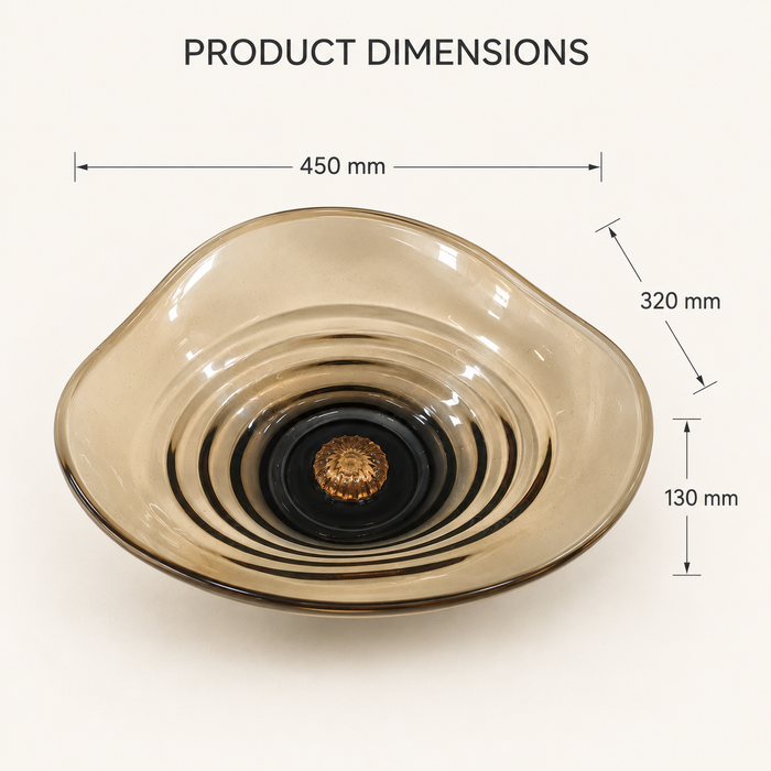 Amber sculptural glass table top wash basin with layered contours, smoky-Orange centre and matching glass waste coupling.