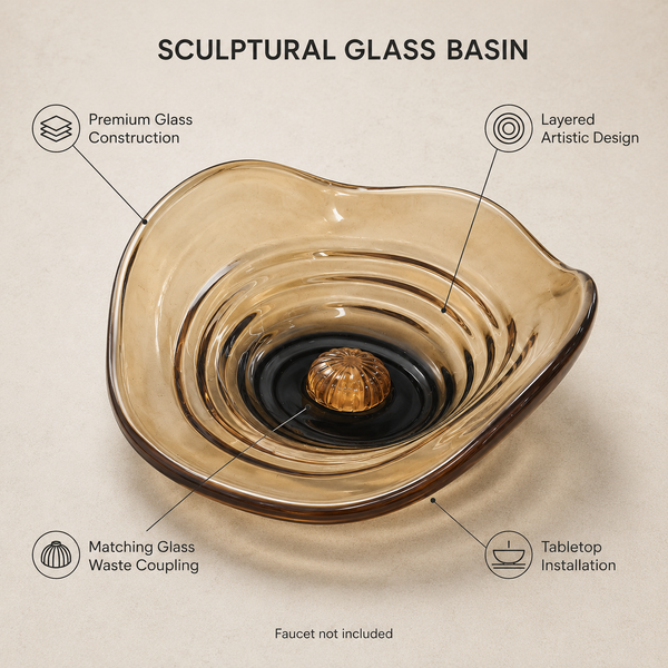 Amber Sculptural Glass Table Top Wash Basin with Matching Waste Coupling – 450 × 320 × 130 mm